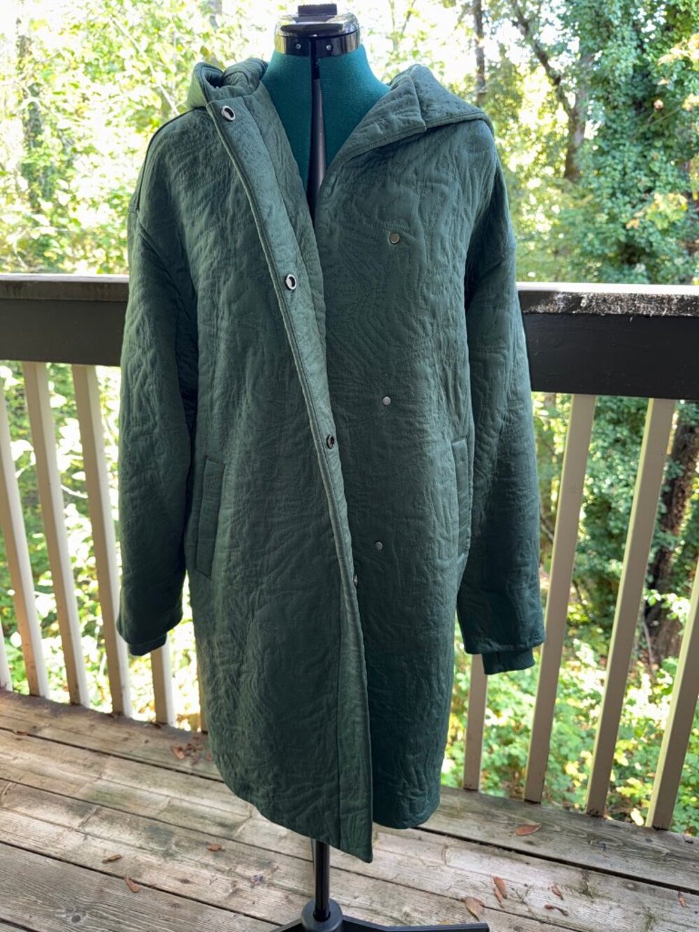 Lululemon Insulated Quilted Long Coat Hooded Green Jacquard Snap Front M/L